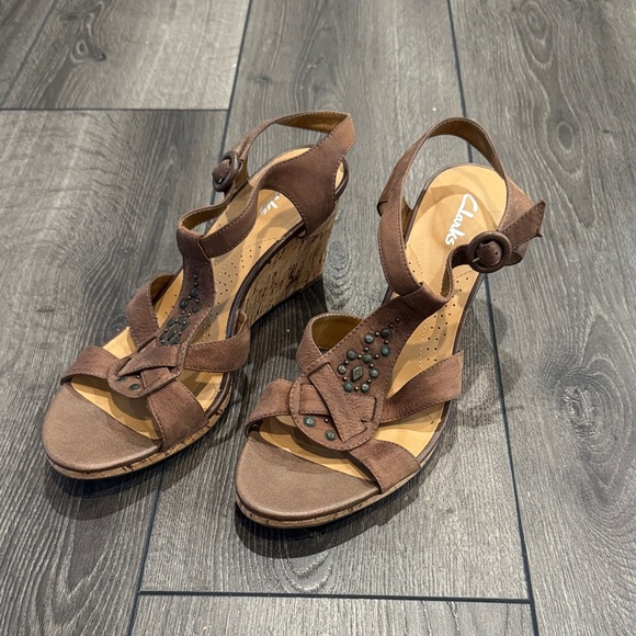 Clarks Shoes - Clarks Brown Wedge Sandals with Beaded Accents